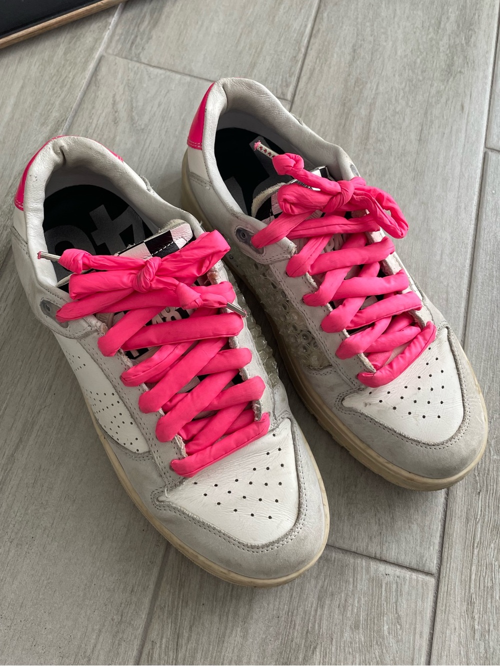 P448 White Leather Sneakers with Hot Pink Laces